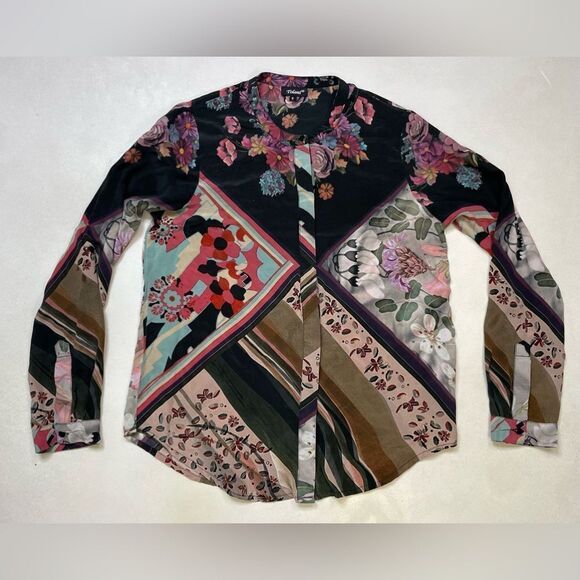 Tolani All Over Print Silk Top Women Small Multicolor Long Sleeve - Picture 1 of 10
